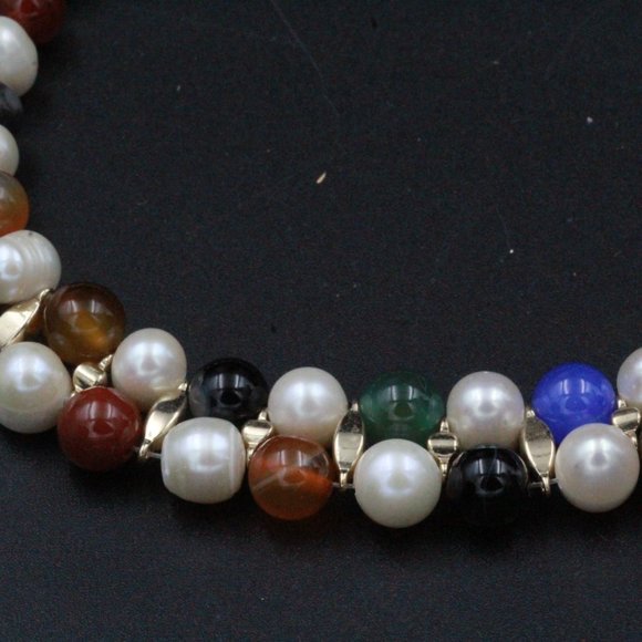 SPECTACULAR MULTI STONE CARNELIAN CHALCEDONY PEARL ONYX TWO ROWS NECKLACE - Picture 4 of 5